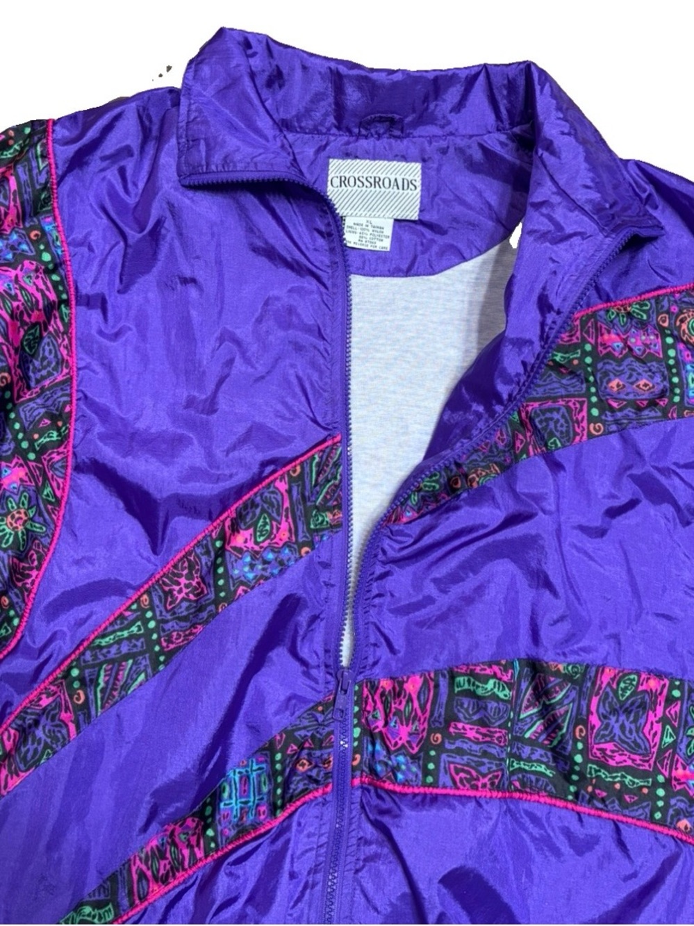 Vibrant Purple Women’s Retro Bomber Jacket with Patterned Panels - Picture 15 of 15